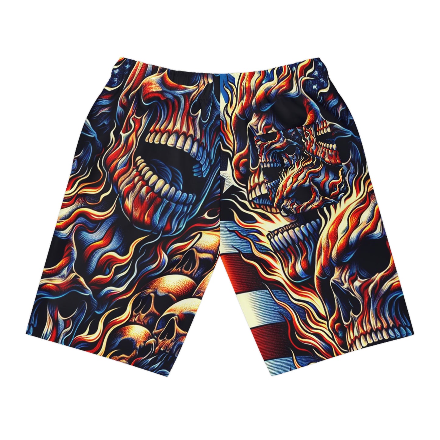 Inferno Patriotism: Star-Studded Skull Spectacle Shorts - Patriotic Streetwear