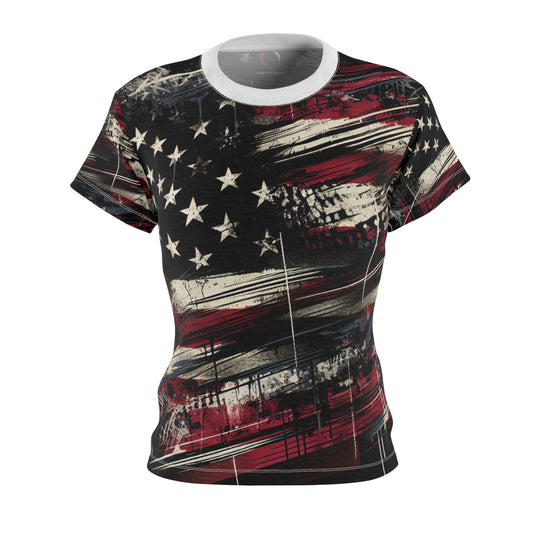 Gritty Patriot: Women's Grunge Streetwear T-Shirt, Distressed American Flag Design, Urban Graffiti Style - Patriotic Streetwear Tee