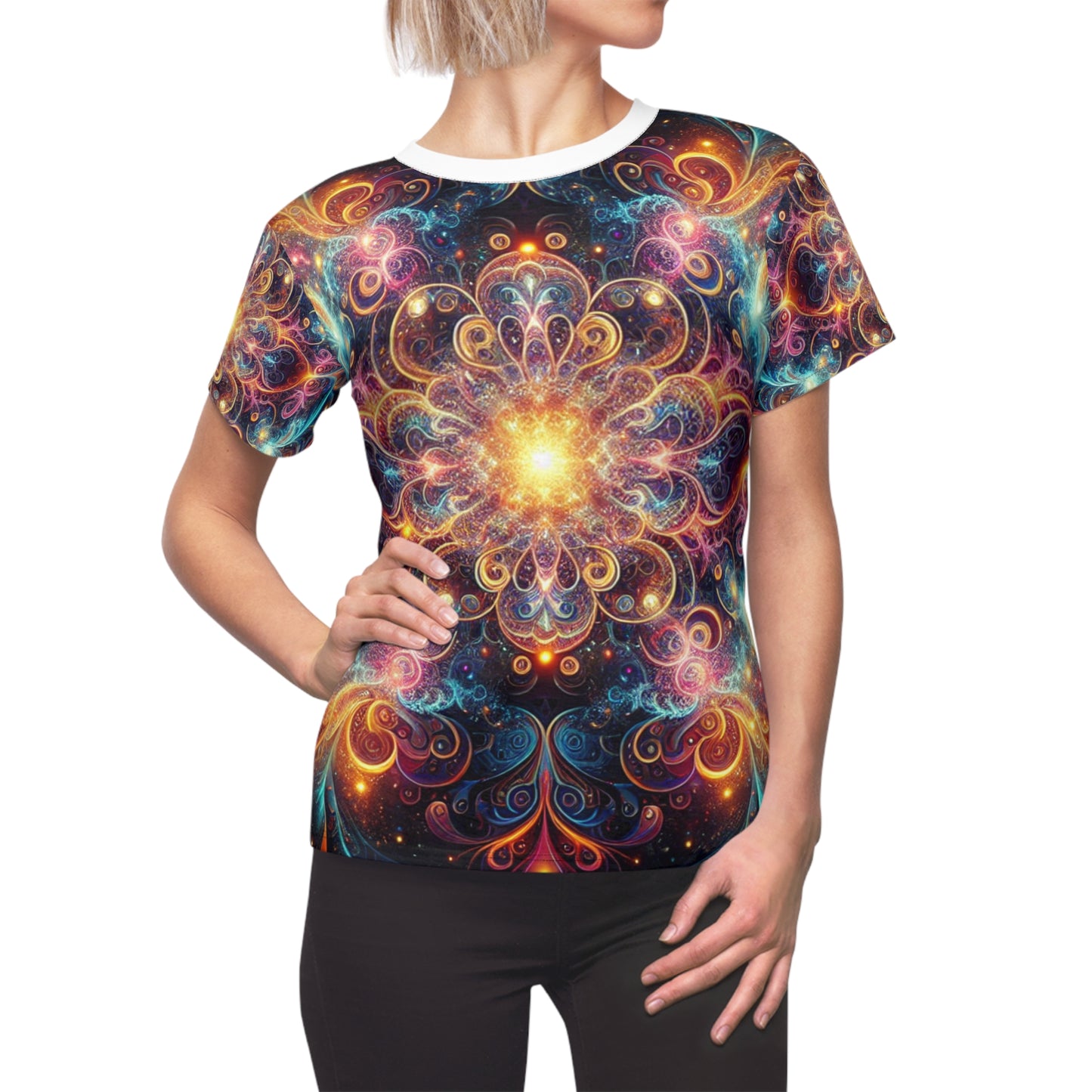 Psychedelic Cosmic Mandala Women's Tee - Neon Swirl Artwork on Dark Galaxy Background - Women's Trippy Tee