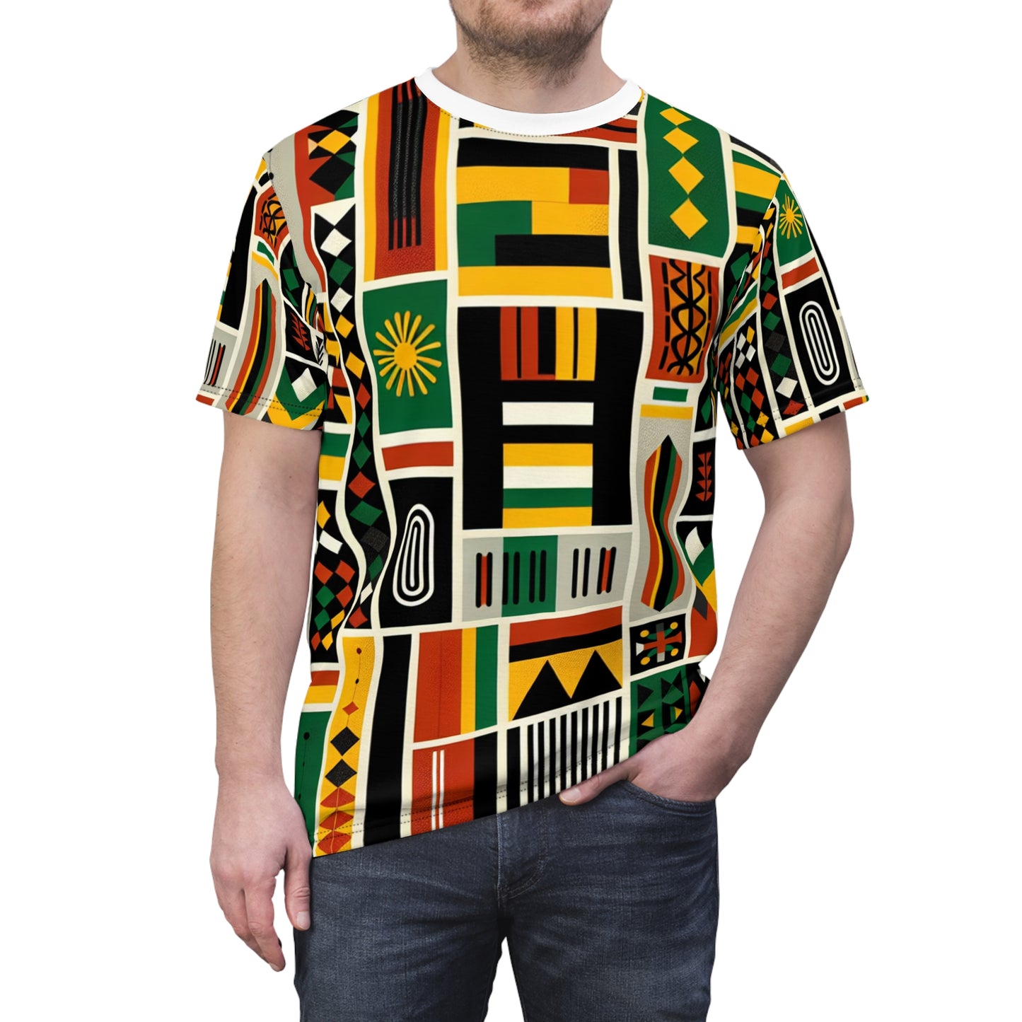 Pan-African Legacy Tee: Vibrant Kente-Adinkra Community Artwork in Bold Colors - African Tribal Pattern-Inspired Tee