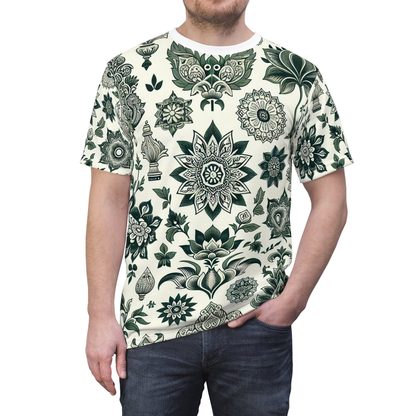 Traditionally Inspired Indian Motif Seamless Patterned T-shirt in White & Green - Intricately Designed Geometric & Floral Arrangement Tee