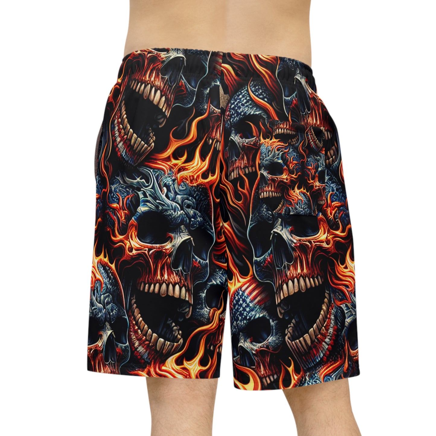 Inferno Patriot: Fiery Skulls & Stars-Stripes Tattoo Shorts - Patriotic Streetwear Shorts