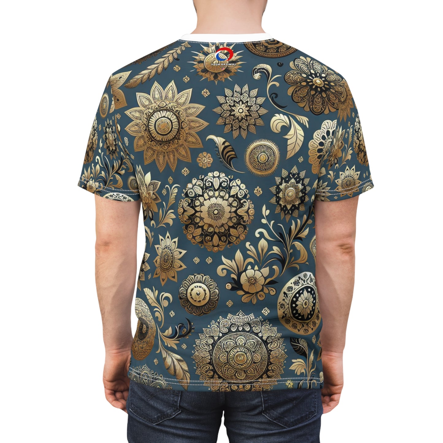 Exquisite Gold-and-Blue Indian Heritage Motif Pattern T-Shirt - Seamless Traditional Design - Rich Floral & Geometric Elements - Modern Minimal Aesthetic - Traditional Indian Motifs Tee