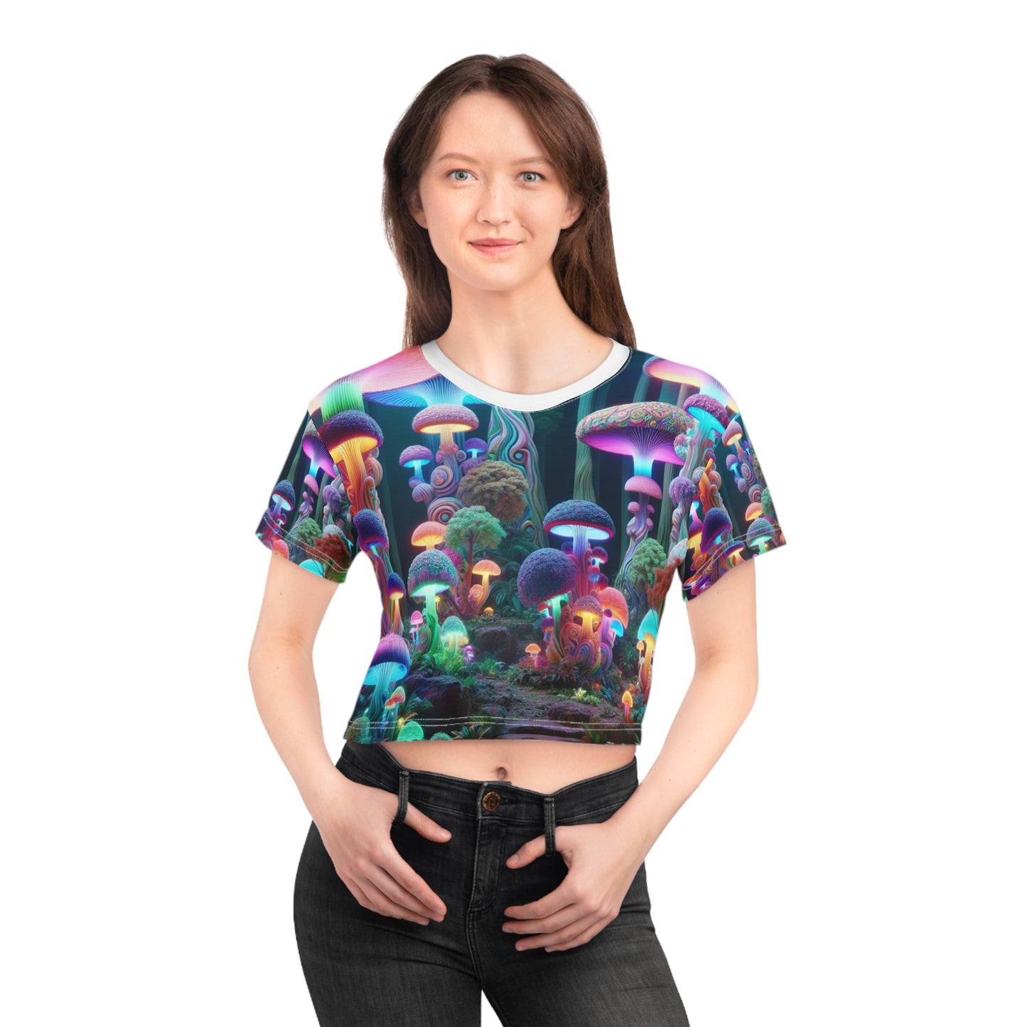 Psychedelic Enchanted Forest 3D Graphic Women's Crop Tee - Surreal Neon Mushroom & Vivid Nature Design - Women's Trippy Tee