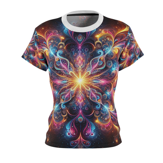 Psychedelic Mandala Women's T-Shirt - Cosmic Blue, Pink, Orange & Yellow Radiant Design on Dark Backdrop - Women's Trippy Tee