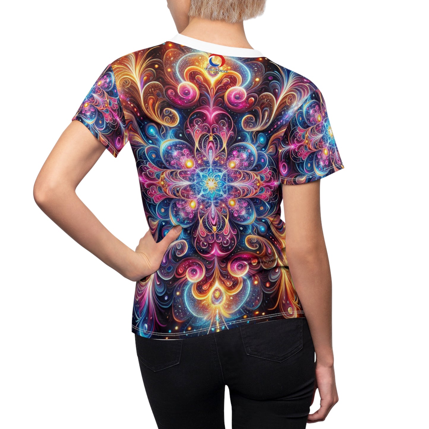 Radiant Cosmic Mandala Tee: Vibrant Psychedelic Art, Neon Kaleidoscope Women's T-Shirt - Women's Trippy Tee