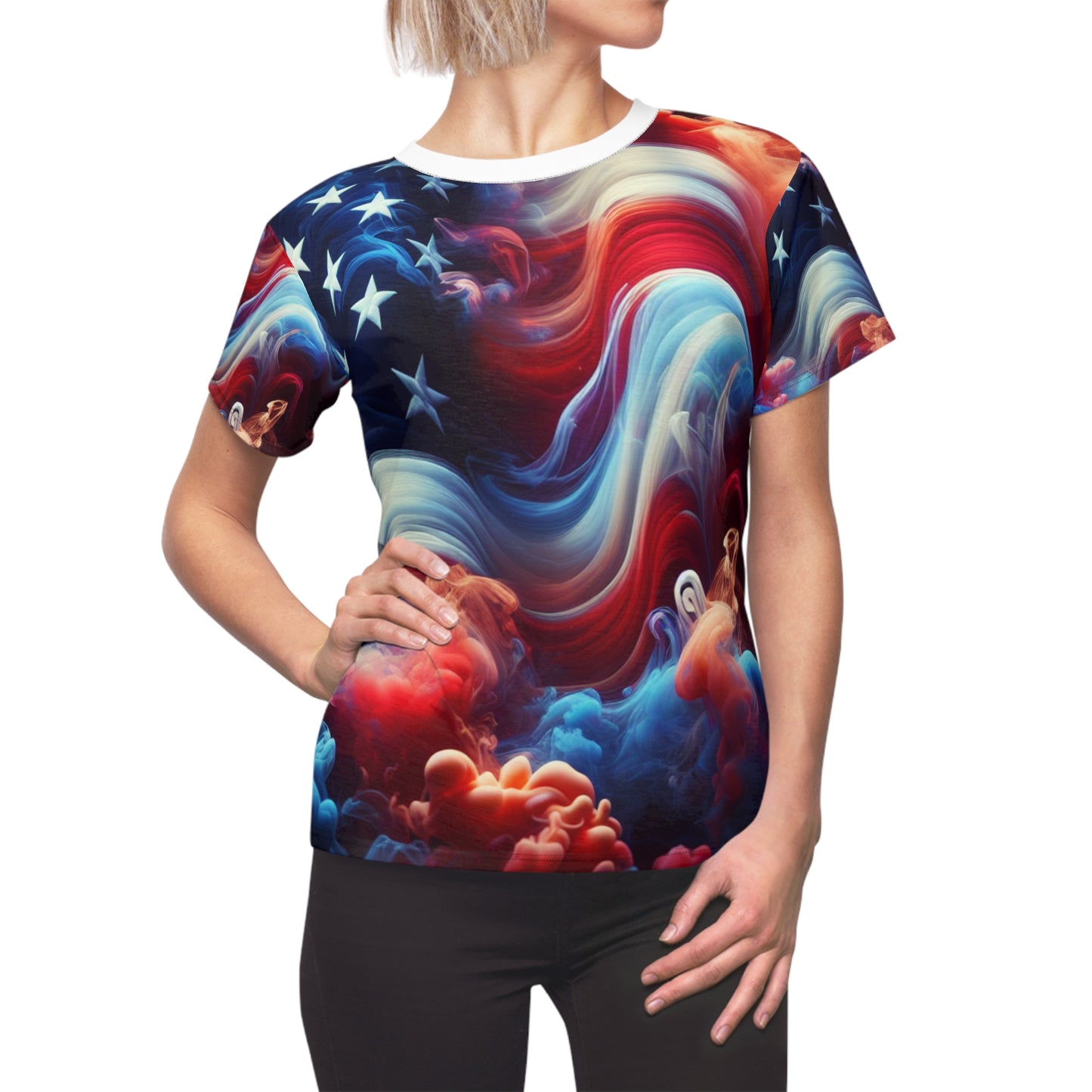 Mystical American Flag Women's T-Shirt: Surreal Stars & Stripes with Flowing Color Smoke - Patriotic Streetwear Tee