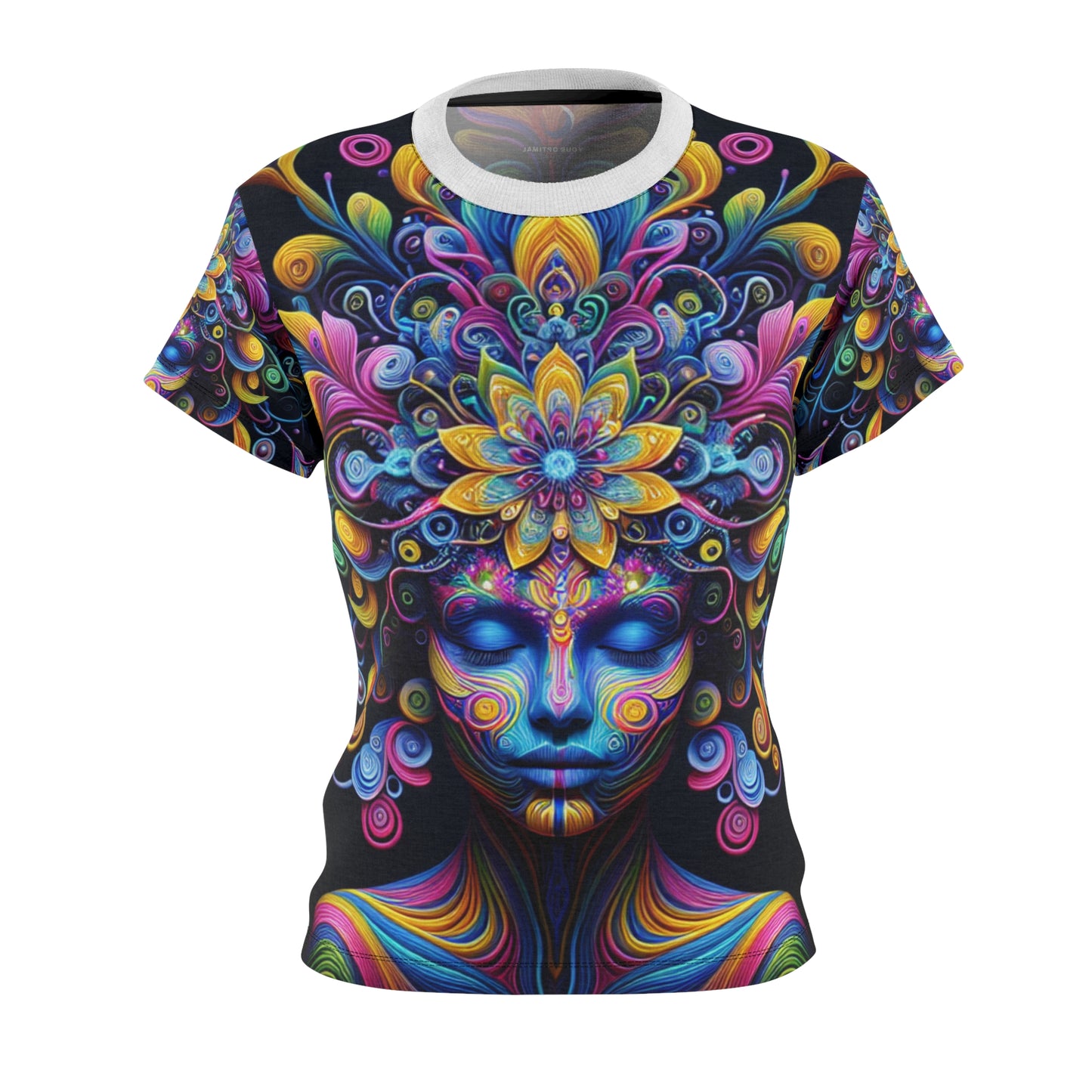 Women's Psychedelic Meditation T-shirt - Vibrant Human Portrait, Abstract Energy Crown, Neon Bloom - Women's Trippy Tee