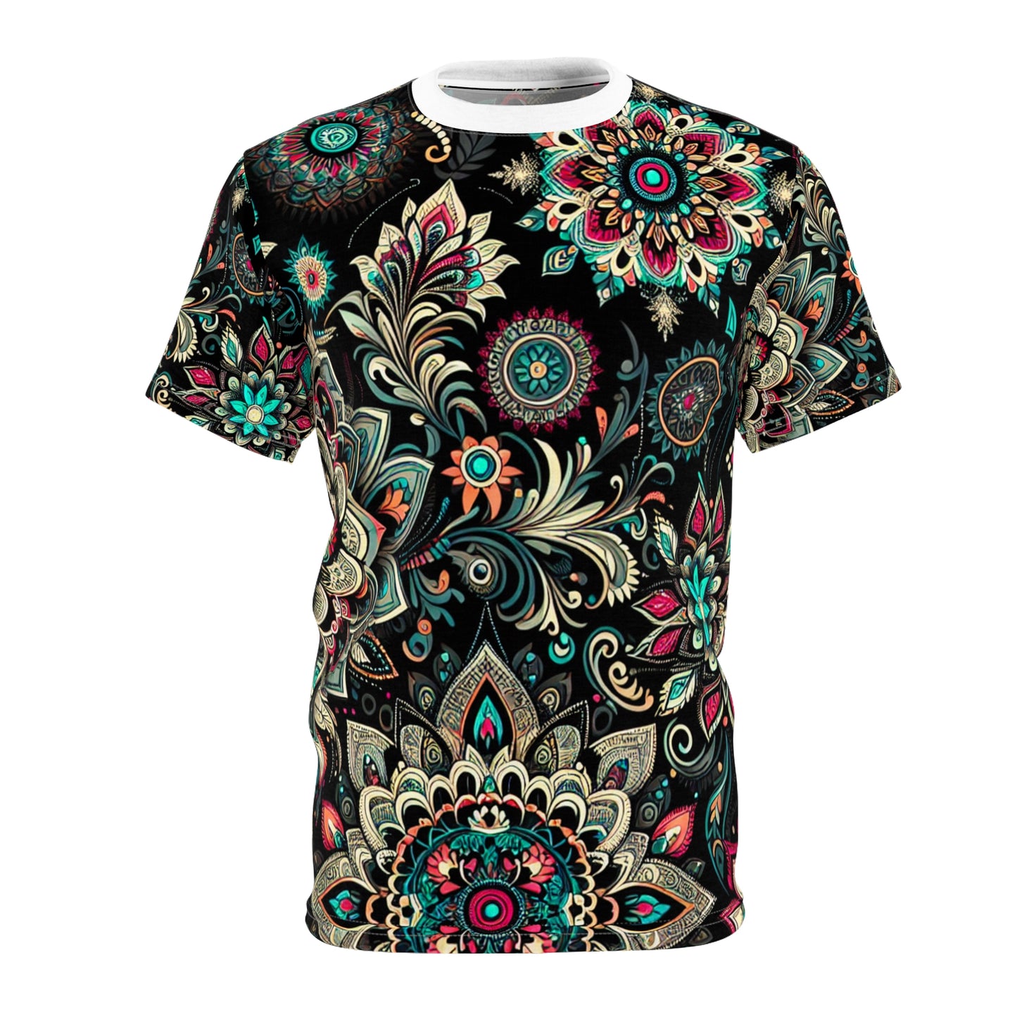 UV Reactive Traditional Indian Motifs T-Shirt - Scattered Radiating Bioluminescent Print on Black Background