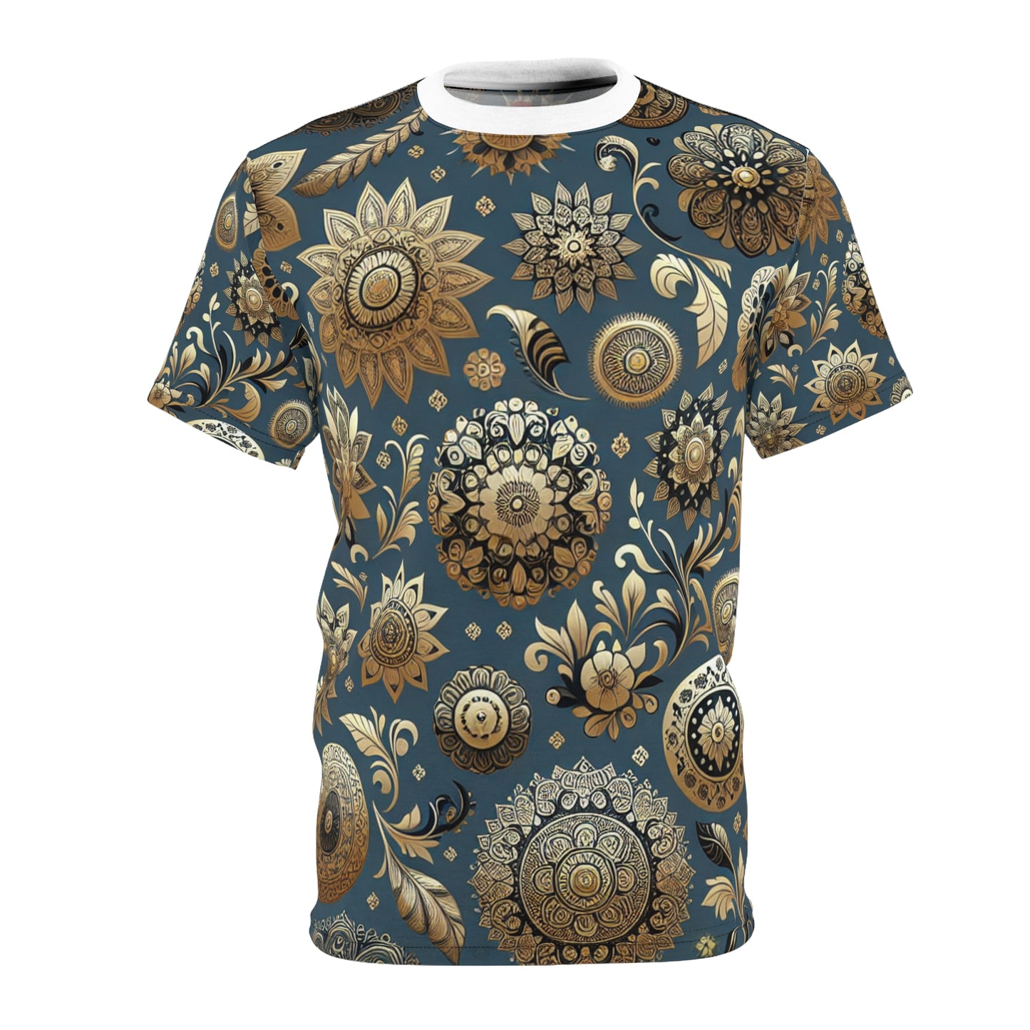 Exquisite Gold-and-Blue Indian Heritage Motif Pattern T-Shirt - Seamless Traditional Design - Rich Floral & Geometric Elements - Modern Minimal Aesthetic - Traditional Indian Motifs Tee