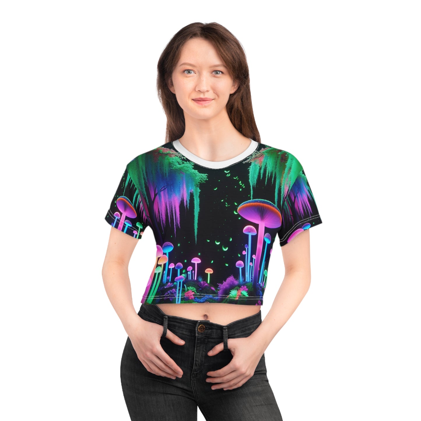 Women's UV-Glow Full Moon Forest Crop Tee – Surreal Neon Night Environment, Magic Mushrooms & Fireflies - Women's Blacklight Tee