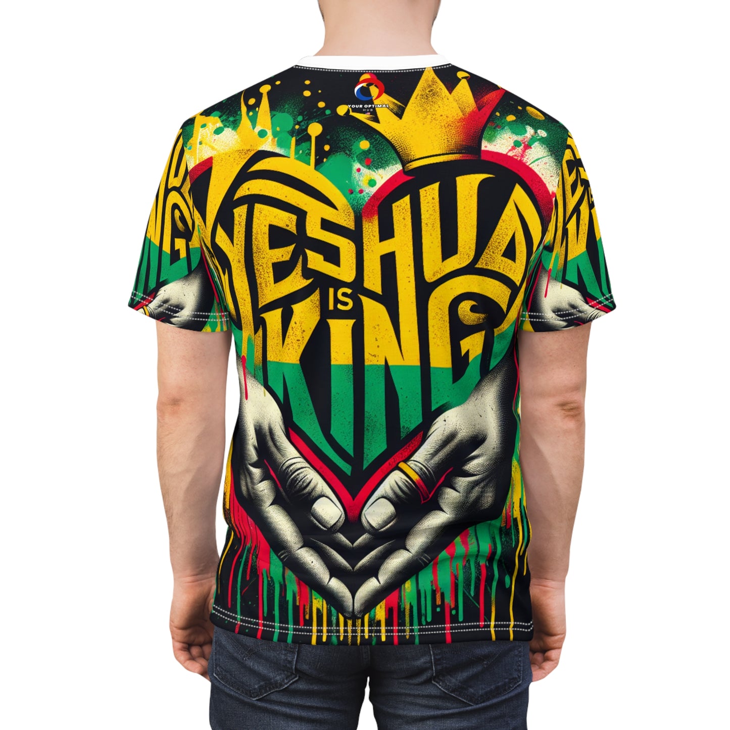 Vibrant Rasta-Inspired 'Yeshua is King' Graffiti Heart T-Shirt - Edgy Faith-Based Word Art - Rastafarian Art-Inspired Tee