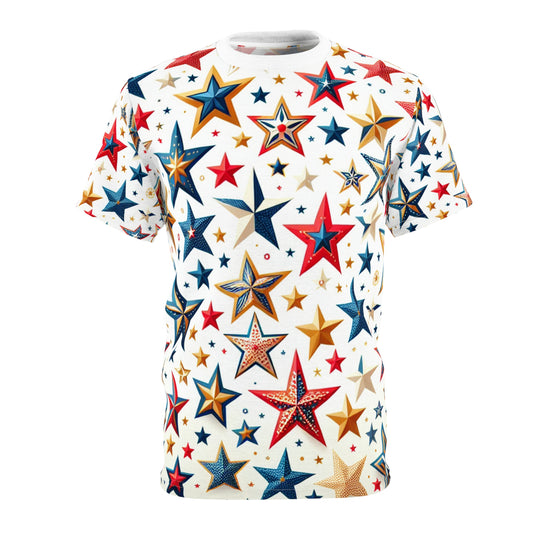 Independence Day Celebration: Festive Multi-Size, Multi-Color Star Pattern on White | Patriotic Party Tee | Patriotic Streetwear