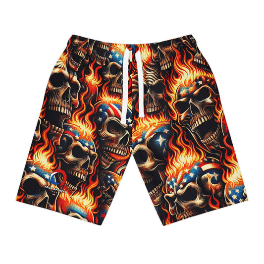 Blazing Patriotism - Skulls Aflame Inked Graphic Shorts - Patriotic Streetwear Shorts