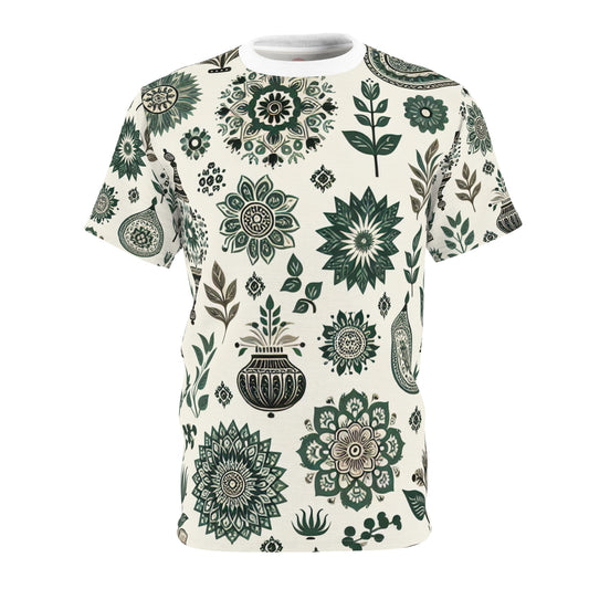 Classic Indian Heritage Motif Collection - Green & White Seamless Pattern T-Shirt - Traditional Floral & Geometric Shapes on Premium White Background