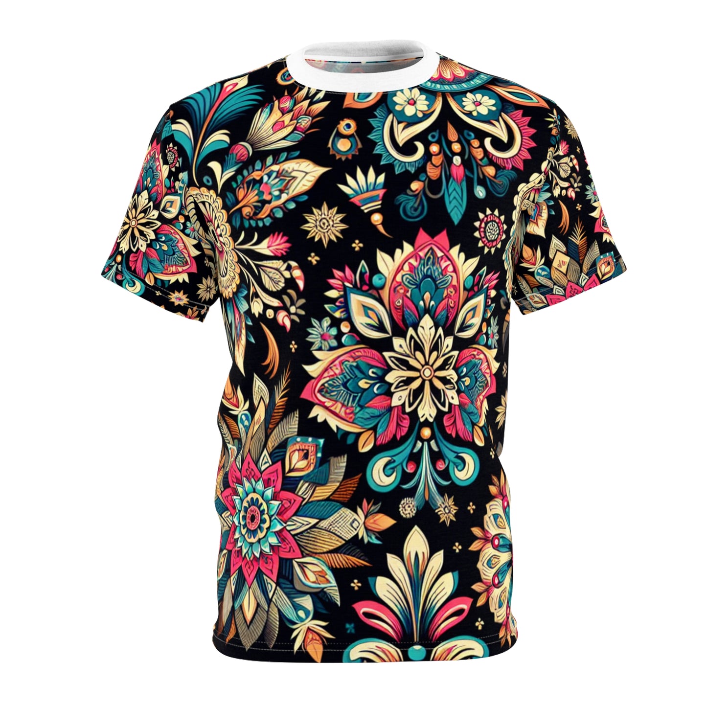 UV Reactive Boho-Chic T-Shirt with Intricate Neon Indian Motifs on Black Background - Scattered Geometric Floral Design