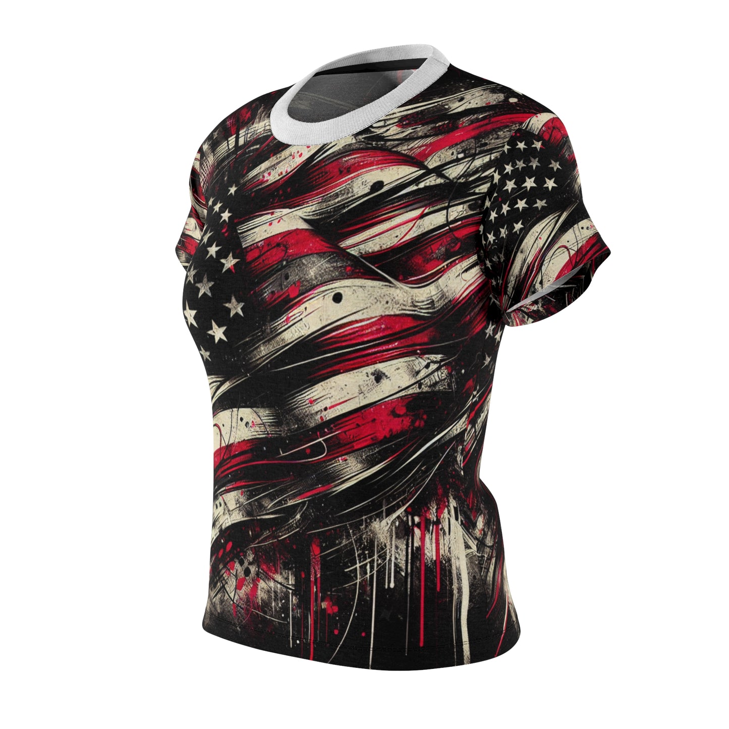 Grunge Patriot: Distressed & Splatter-Painted USA Flag Women's Streetwear T-shirt - Patriotic Streetwear Tee