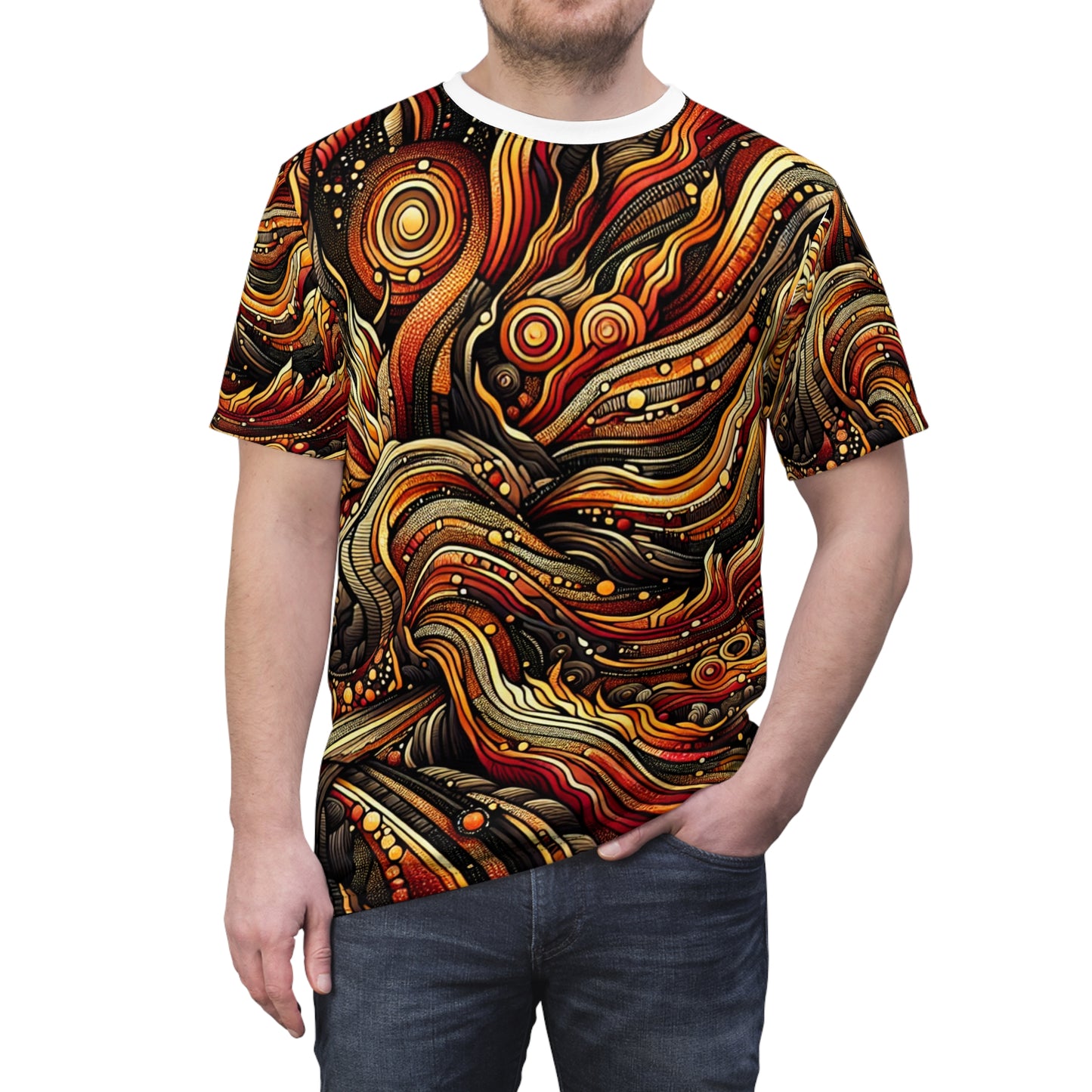 Aboriginal Art & Volcanic Eruption Inspired T-shirt - Fiery Storytelling Design - Ancestral Connection-Inspired Apparel