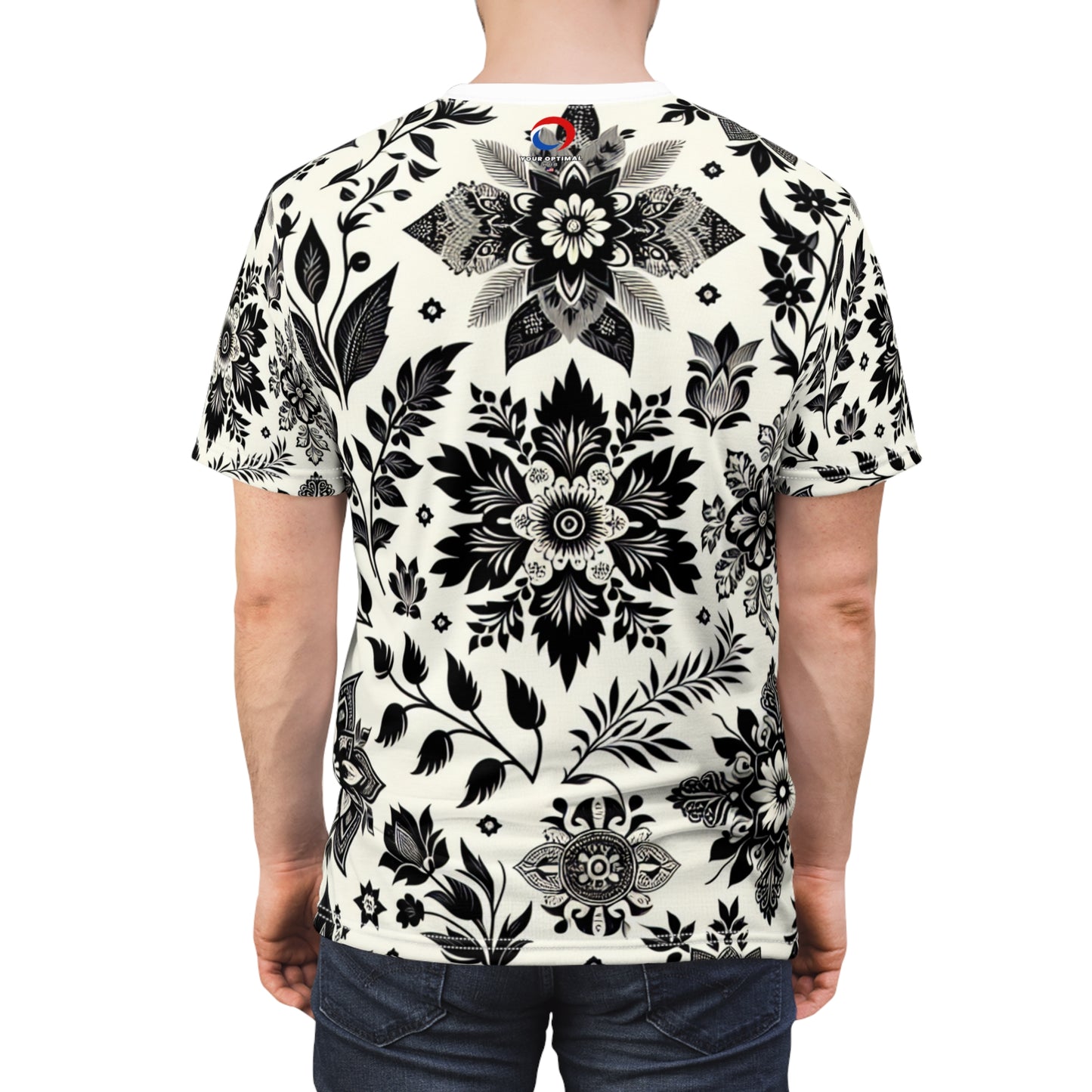 Classic Indian Heritage-Inspired Seamless Motif T-Shirt - Intricately Designed Black & White Pattern - Traditional Indian Motifs Tee