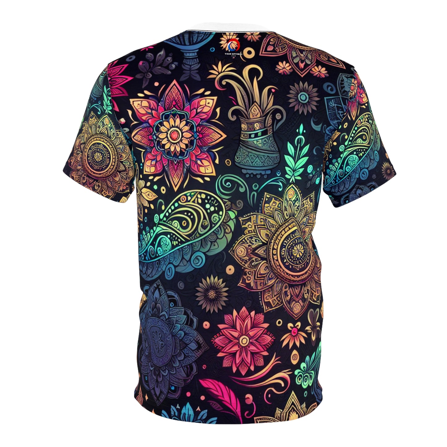 UV Reactive Indian Motif T-Shirt – Neon Bioluminescent Floral & Geometric Pattern on Black – Traditional Desi Style Glow Tee