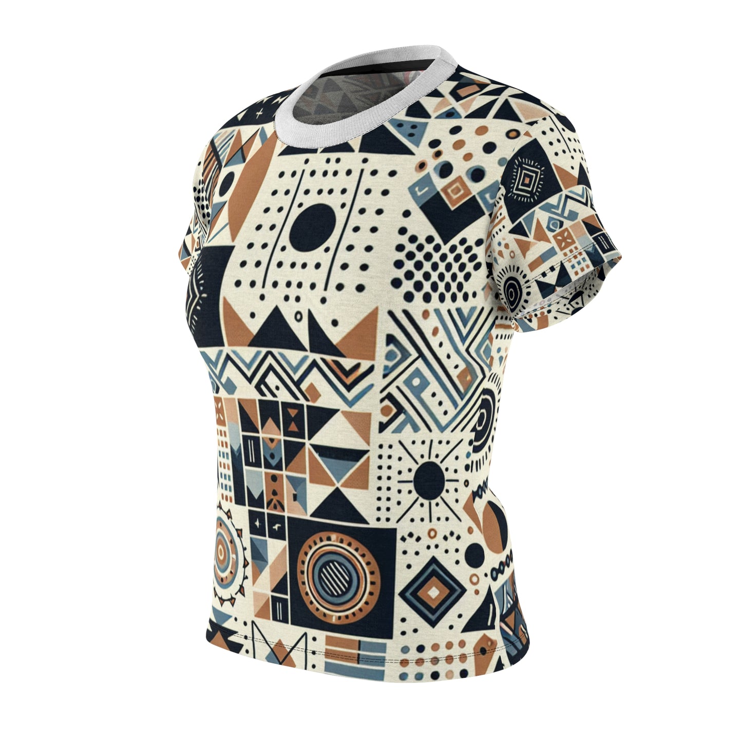 Berber-Inspired Artistry Women's Tee: Earthy-Toned Geometric Storytelling Patterns, Contemporary Cultural Heritage - African Tribal Pattern-Inspired