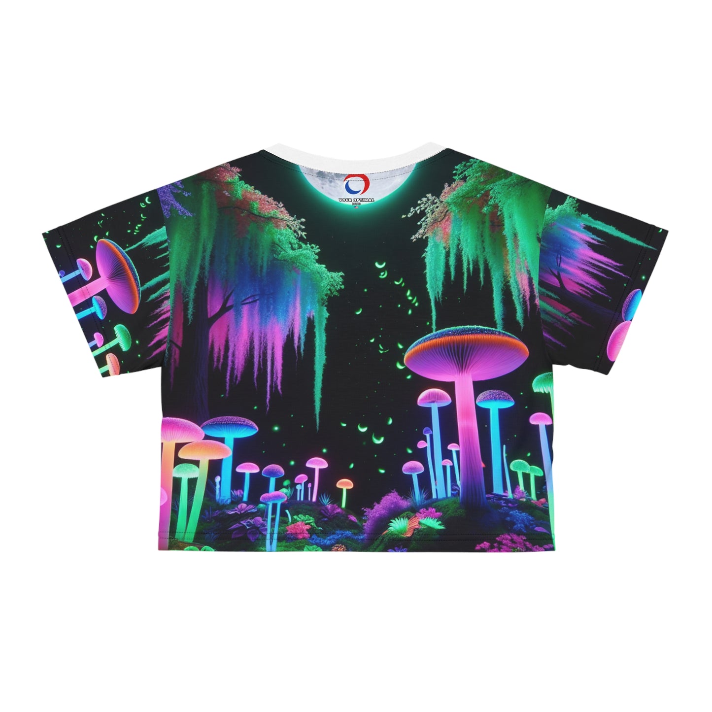 Women's UV-Glow Full Moon Forest Crop Tee – Surreal Neon Night Environment, Magic Mushrooms & Fireflies - Women's Blacklight Tee