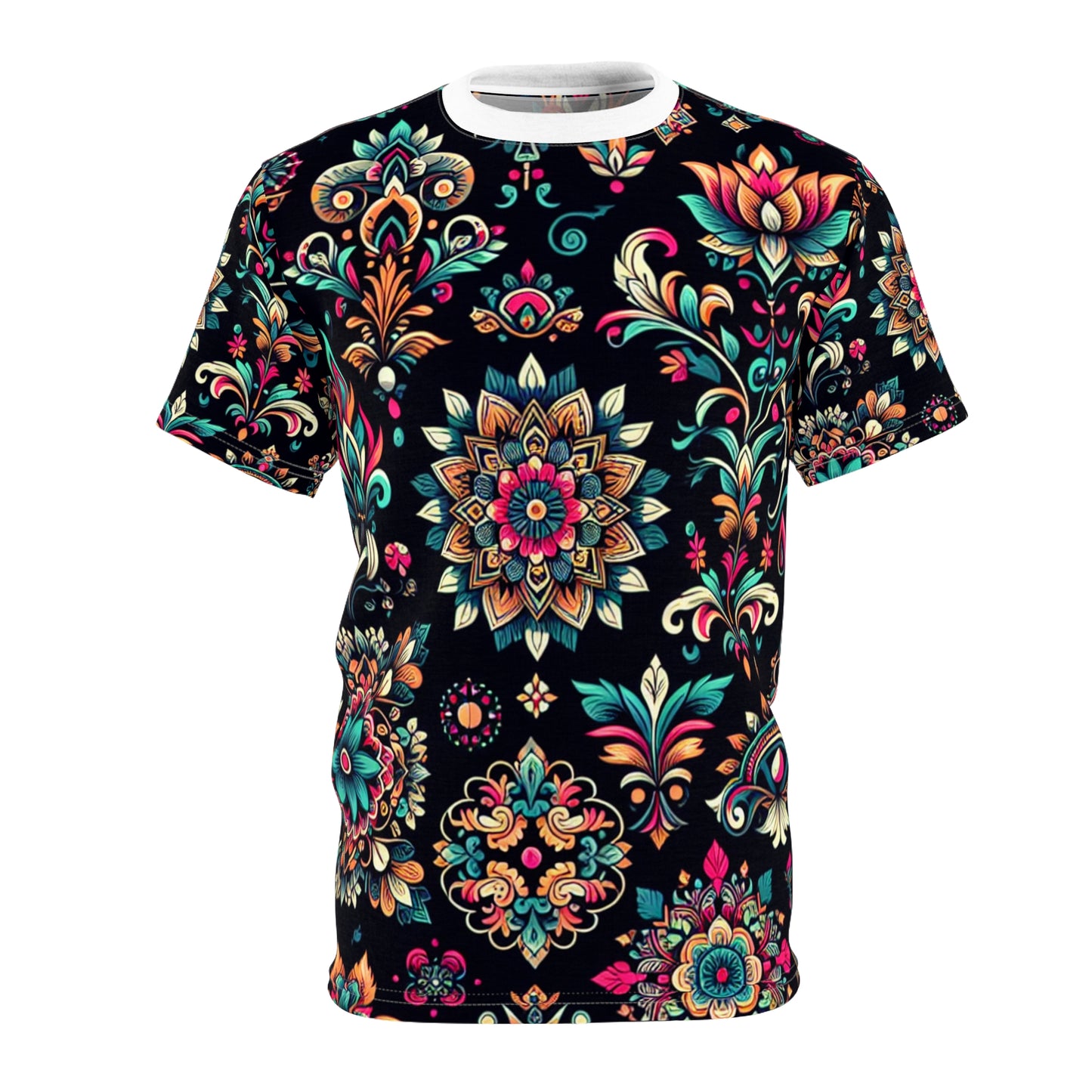 UV-Reactive Bioluminescent Bohemian T-Shirt featuring Scattered Neon Indian Motifs on Black Background