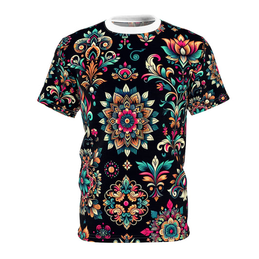 UV-Reactive Bioluminescent Bohemian T-Shirt featuring Scattered Neon Indian Motifs on Black Background