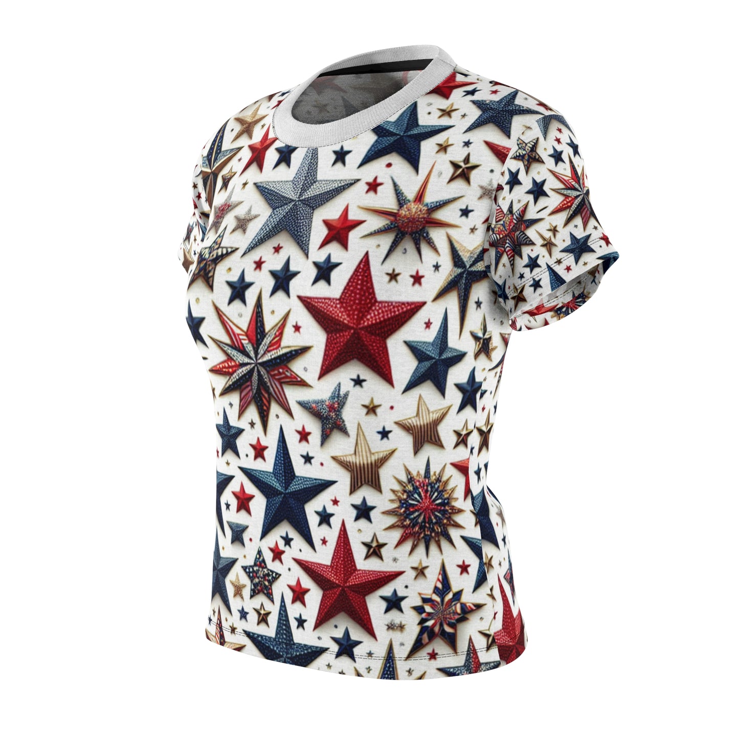 Patriotic Star-Spangled Women's T-Shirt in Red, Blue & Gold for Festive Celebration - Patriotic Streetwear Tee