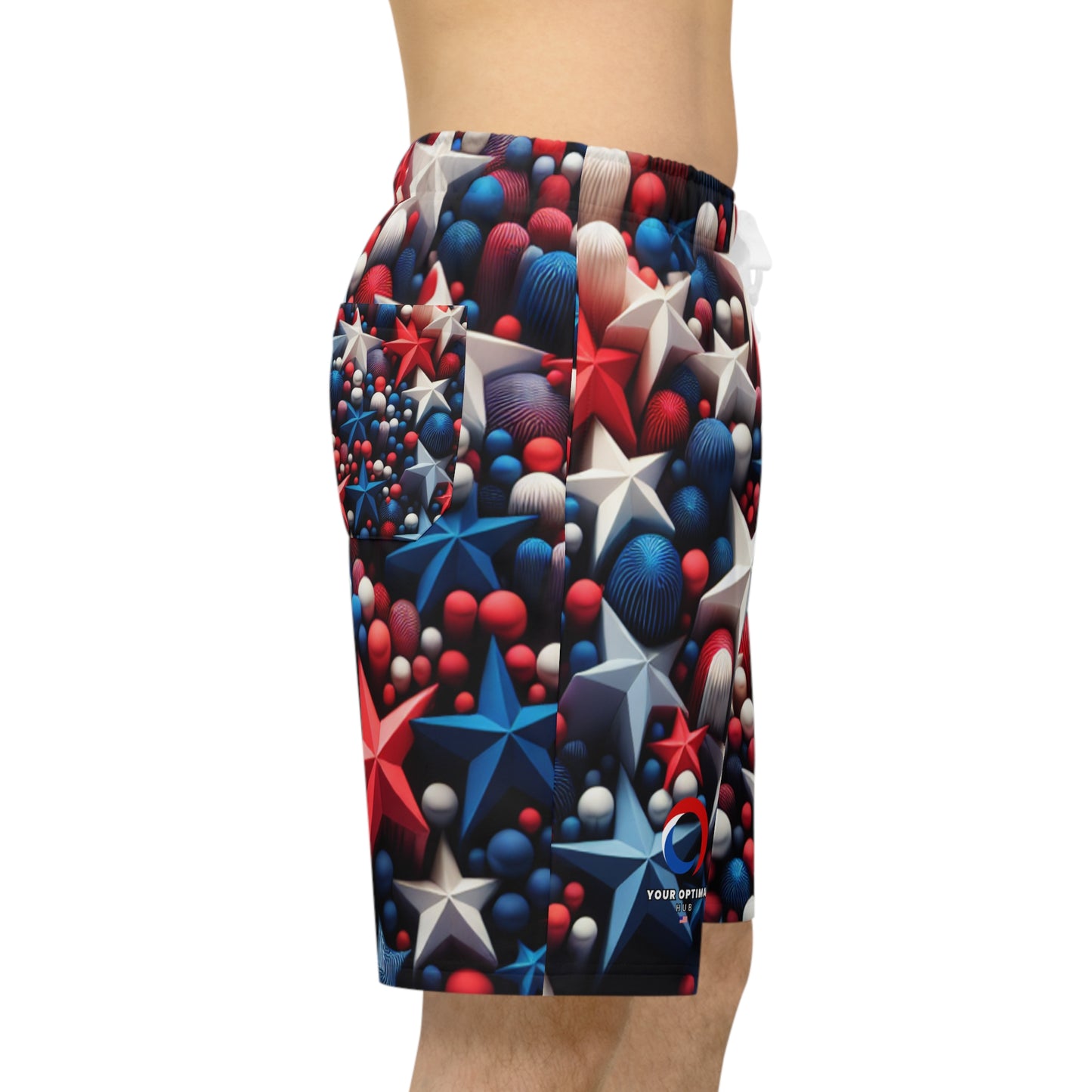 Stellar Splash: 3D Red, White & Blue Starry Patriotic Shorts on Midnight Hue - Patriotic Streetwear Shorts