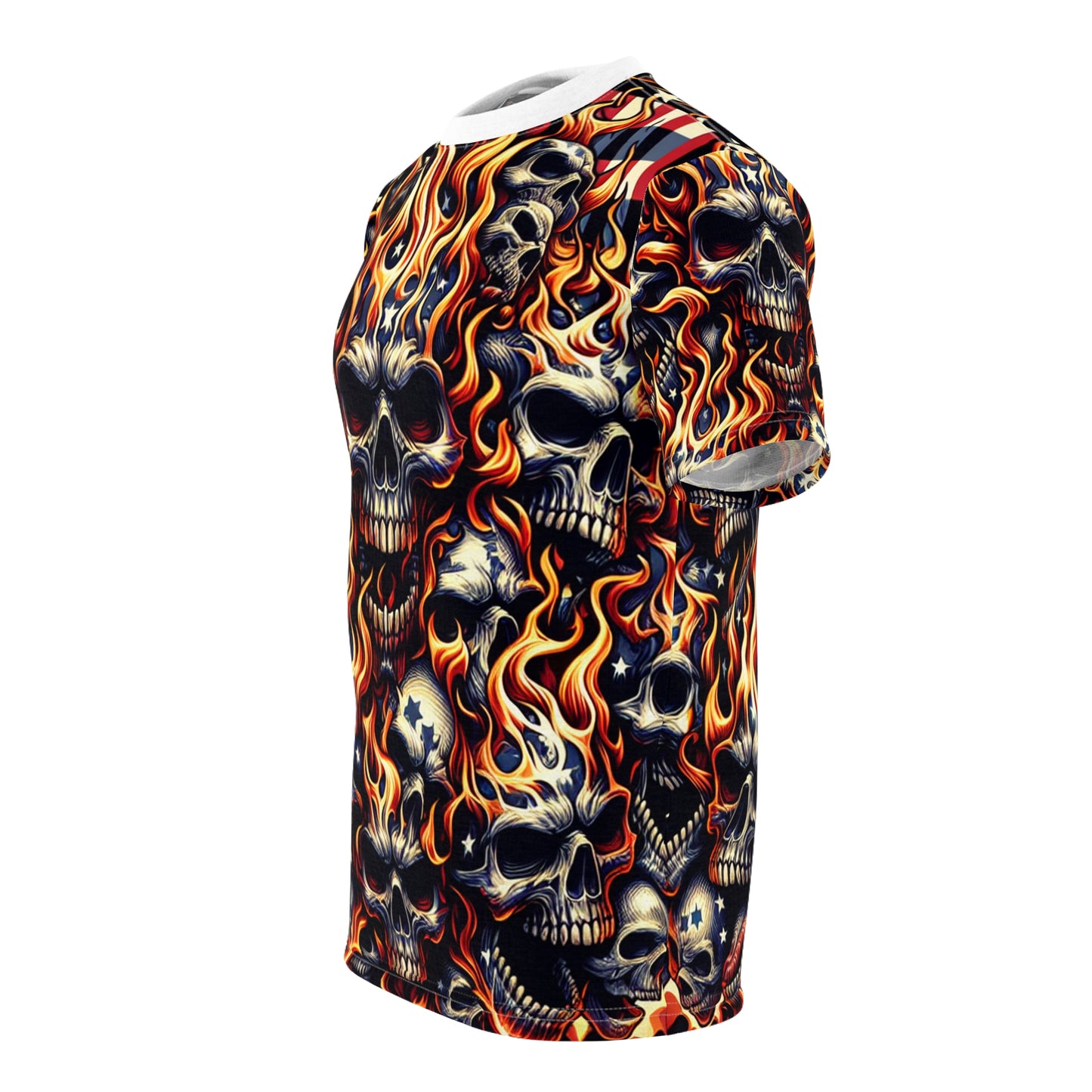 Fiery Patriotic Inferno: Skull-Drenched Tattoo-Style T-Shirt - Dynamic Design Tee