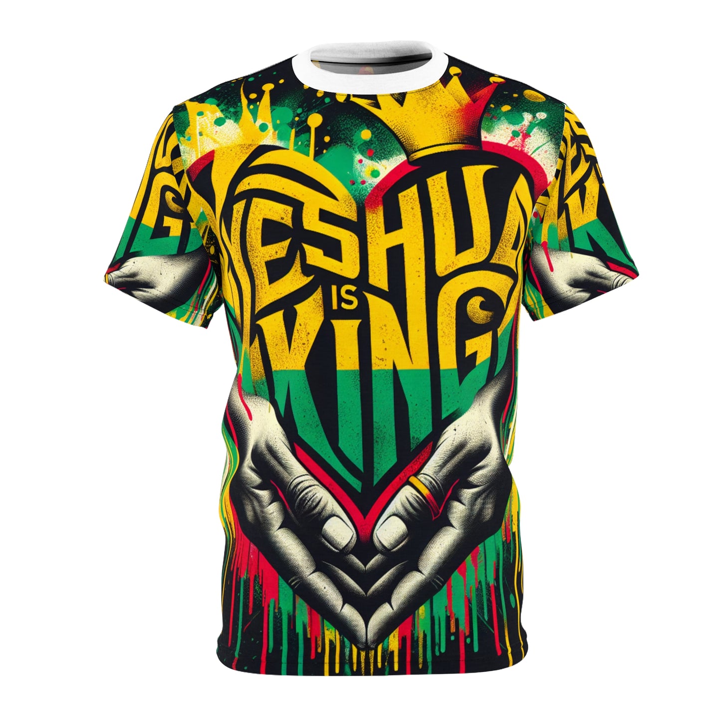 Vibrant Rasta-Inspired 'Yeshua is King' Graffiti Heart T-Shirt - Edgy Faith-Based Word Art - Rastafarian Art-Inspired Tee