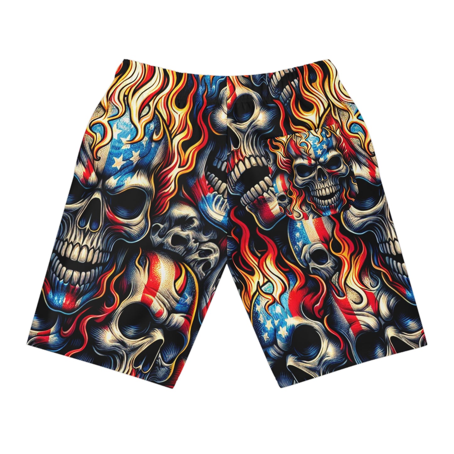 Inferno Skull Cascade: Patriotic Fusion Shorts - Patriotic Streetwear Shorts