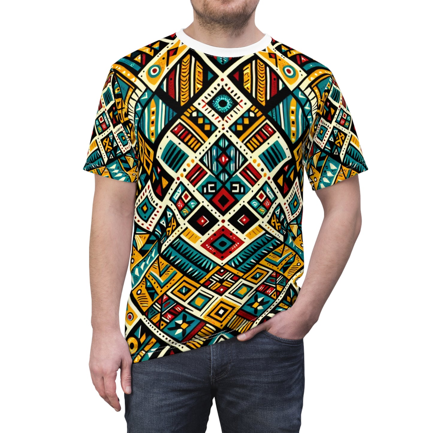 Vibrant African Tribal Diamond Grid T-shirt – Bold Primary Colors Storytelling Artwork - African Tribal Pattern-Inspired Tee