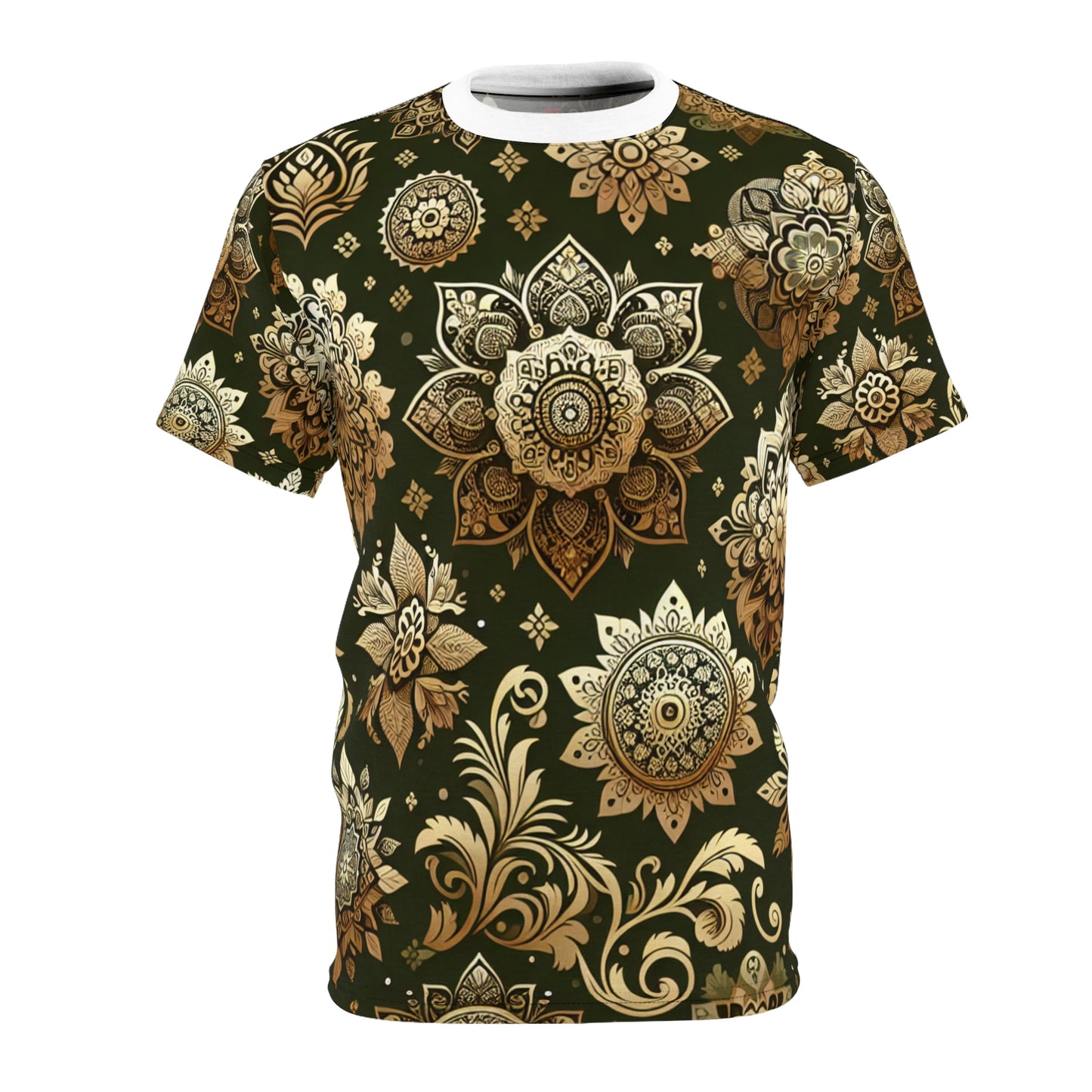 Gold Radiance Indian Motif T-Shirt: Seamless Traditional Pattern with Floral and Geometric Designs on Emerald Green - Traditional Indian Motifs Tee