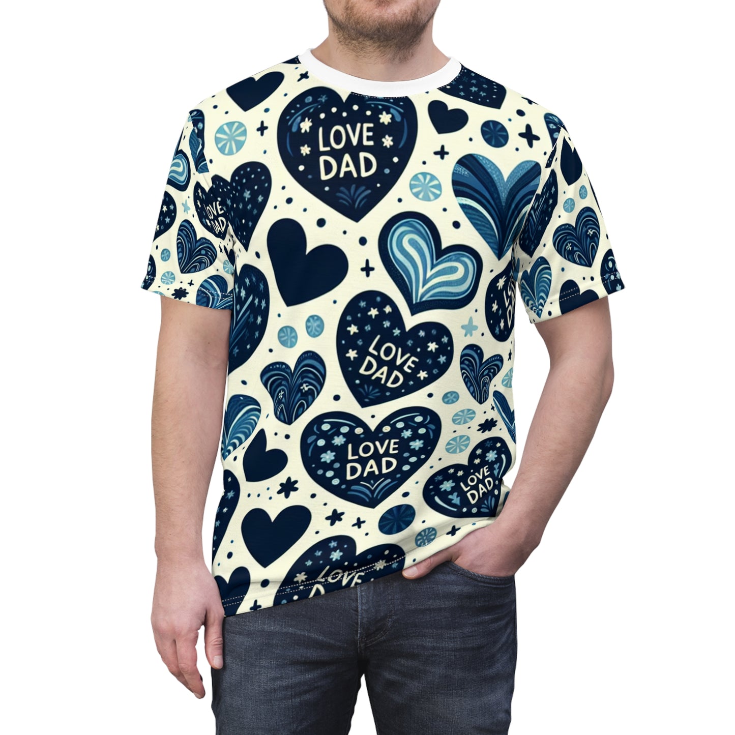 Love Dad Heart Pattern T-Shirt - Blue Shades on Navy, Starry Night Detail - Tender Father's Day Design Tee - Gift for Him