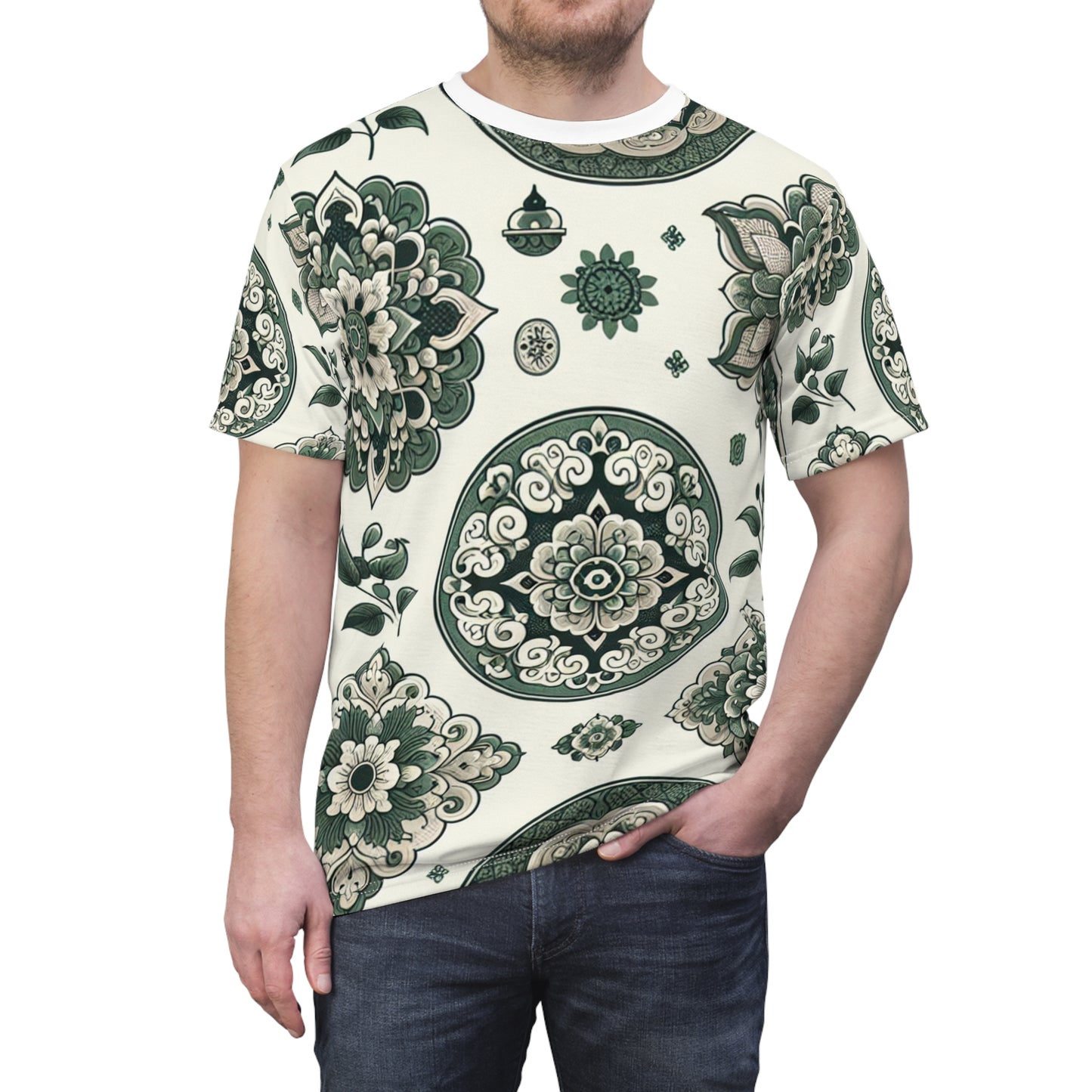 Classic Indian Motif T-Shirt - Intricate Geometric & Floral Design in Green on White - Modern Minimalist Apparel Inspired by Traditional Indian Motifs