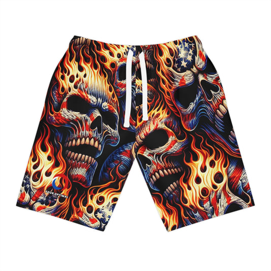 Inferno Embodied: Fiery Skulls & Patriotic Fury Shorts - Patriotic Streetwear