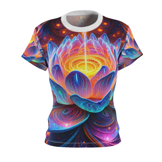 Bioluminescent Alien Lotus Flower Tee: UV-Reactive Cosmic Energy in Vibrant Neon Colors - Women's Blacklight Reactive Tee