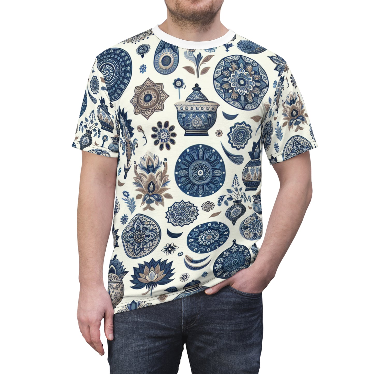 Classic Indian Motif Collection: Blue & White Seamless Patterned T-Shirt, Intricate Traditional Designs - A Blend of Floral & Geometric Shapes