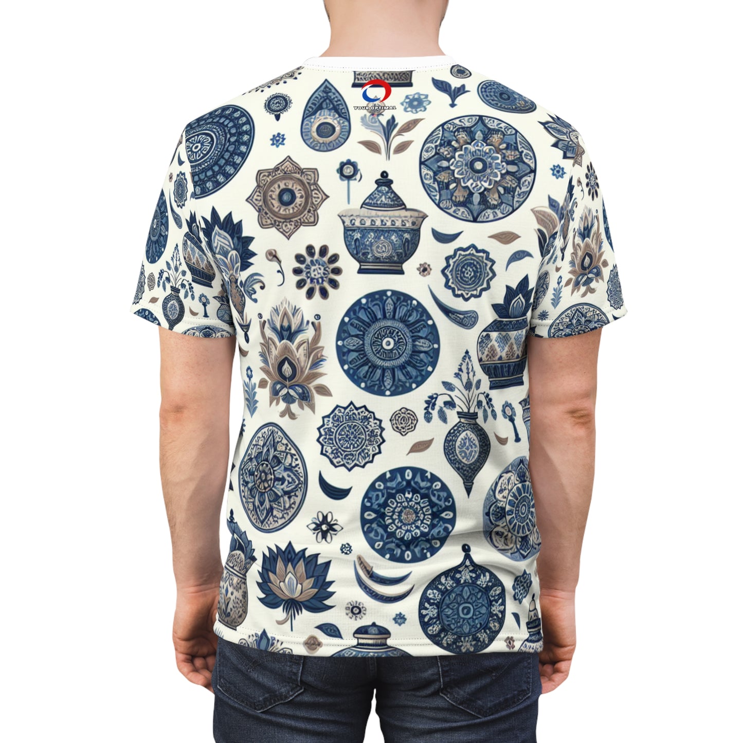 Classic Indian Motif Collection: Blue & White Seamless Patterned T-Shirt, Intricate Traditional Designs - A Blend of Floral & Geometric Shapes