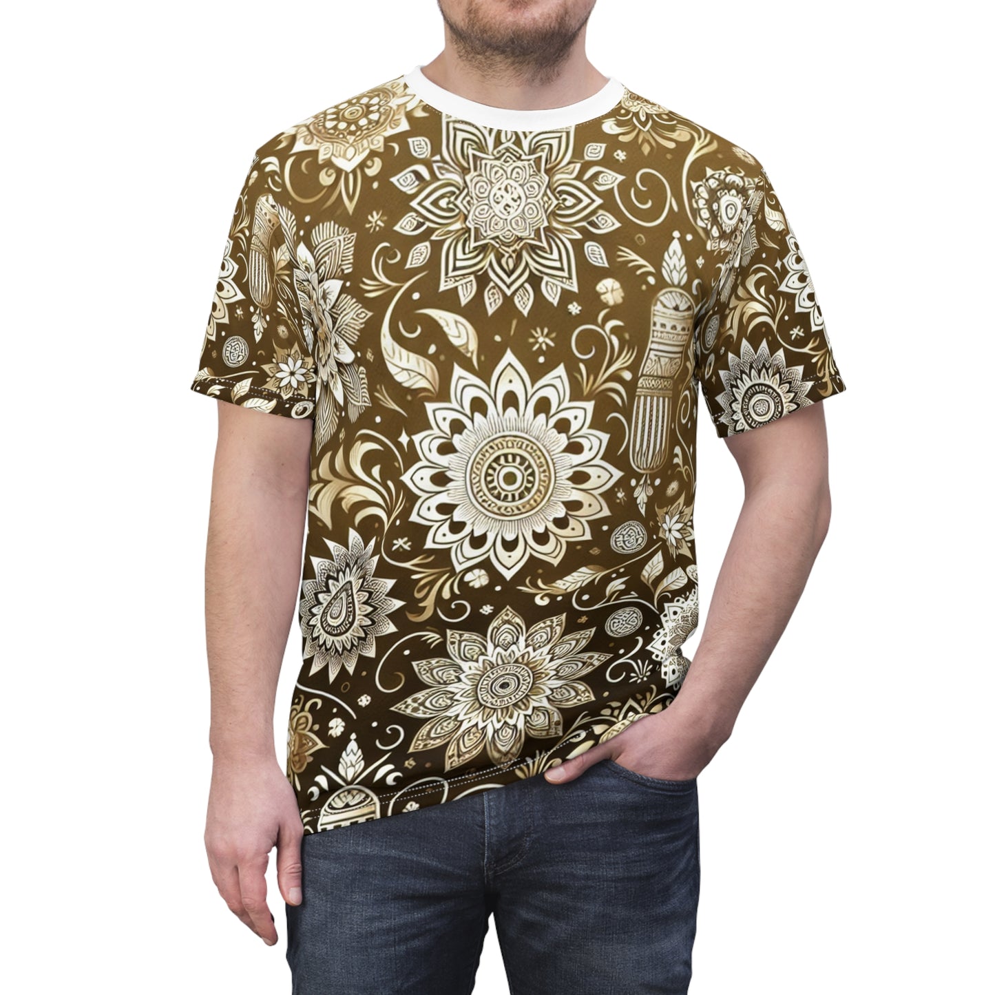 Indian Heritage Collection: Luxury Gold and White T-Shirt with Detailed Traditional Motifs and Geometric Floral Pattern for Modern Fashion