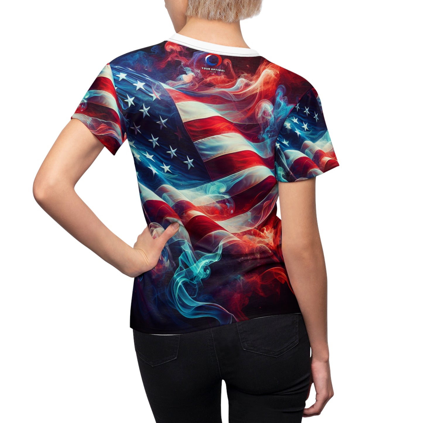 Mystic Smoke & Flag Women's T-shirt: Artful USA Pride in Transitioning Deep Red to Rich Blue - Patriotic Streetwear Tee