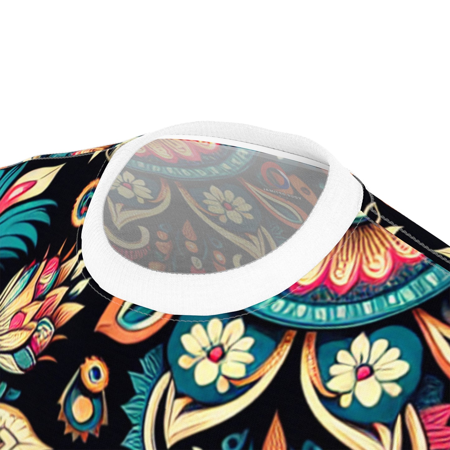 UV Reactive Boho-Chic T-Shirt with Intricate Neon Indian Motifs on Black Background - Scattered Geometric Floral Design