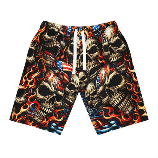 Fiery Patriotic Pledge: Skulled Inferno Fusion Tattoo-Styled Shorts - Patriotic Streetwear Shorts