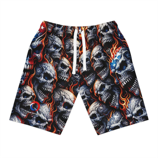 Patriotic Inferno: Skull Blaze Tattoo-Style Shorts - Patriotic Streetwear Shorts