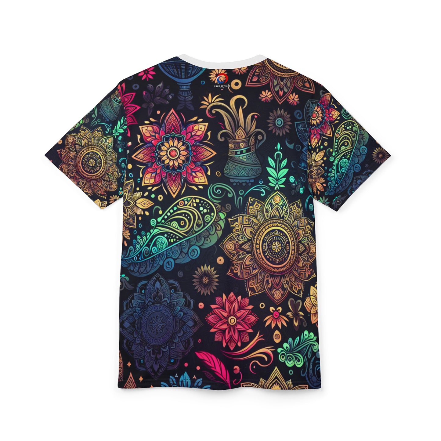 UV Reactive Indian Motif T-Shirt – Neon Bioluminescent Floral & Geometric Pattern on Black – Traditional Desi Style Glow Tee