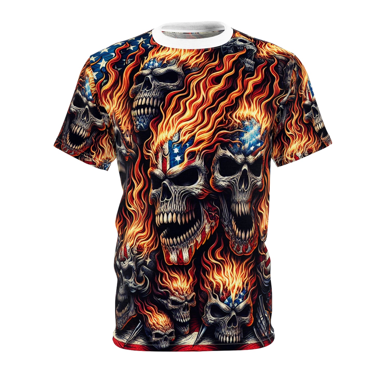 Patriotic Inferno: Scarlet Skull Cascade T-Shirt - Patriotic Streetwear Tee