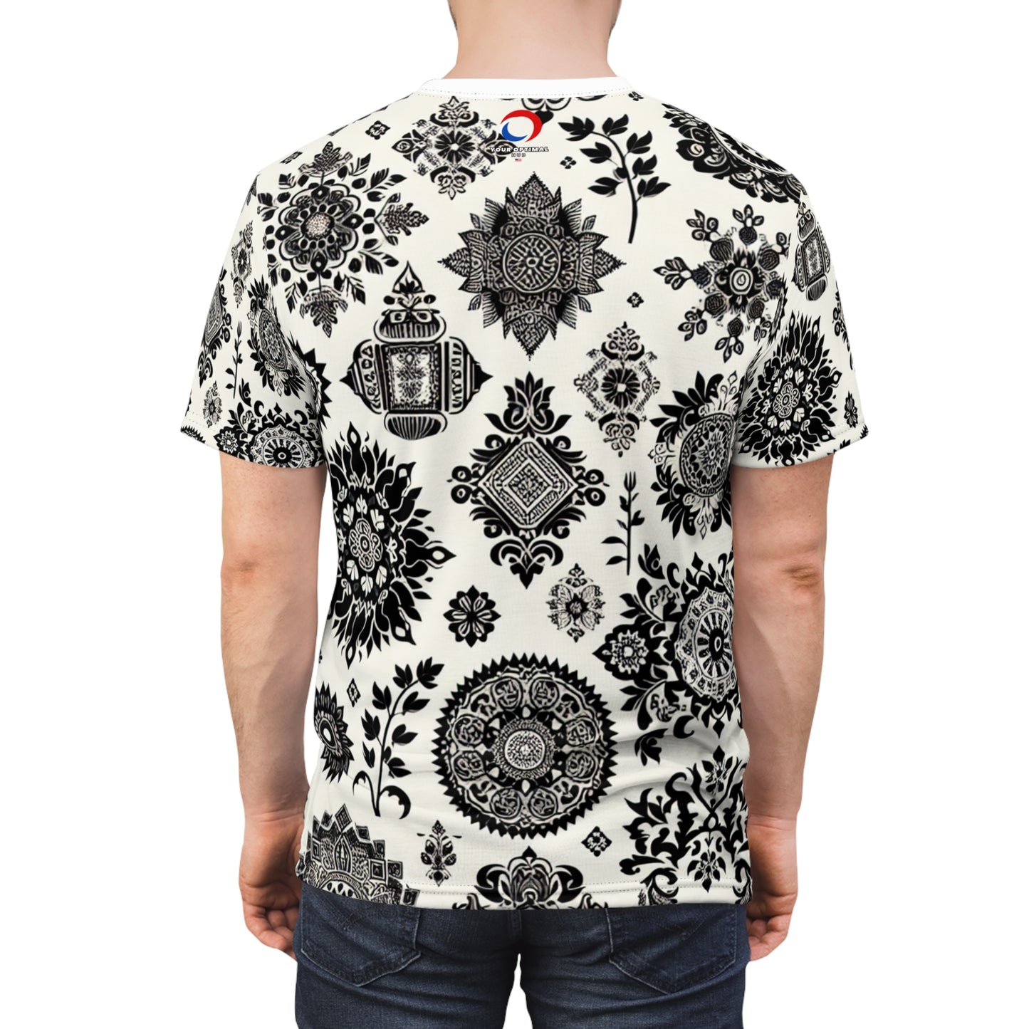 Traditional Indian Motifs Collection: Black & White Geometric & Floral Seamless Patterned T-Shirt - Intricately Crafted with Modern Minimal Aesthetic