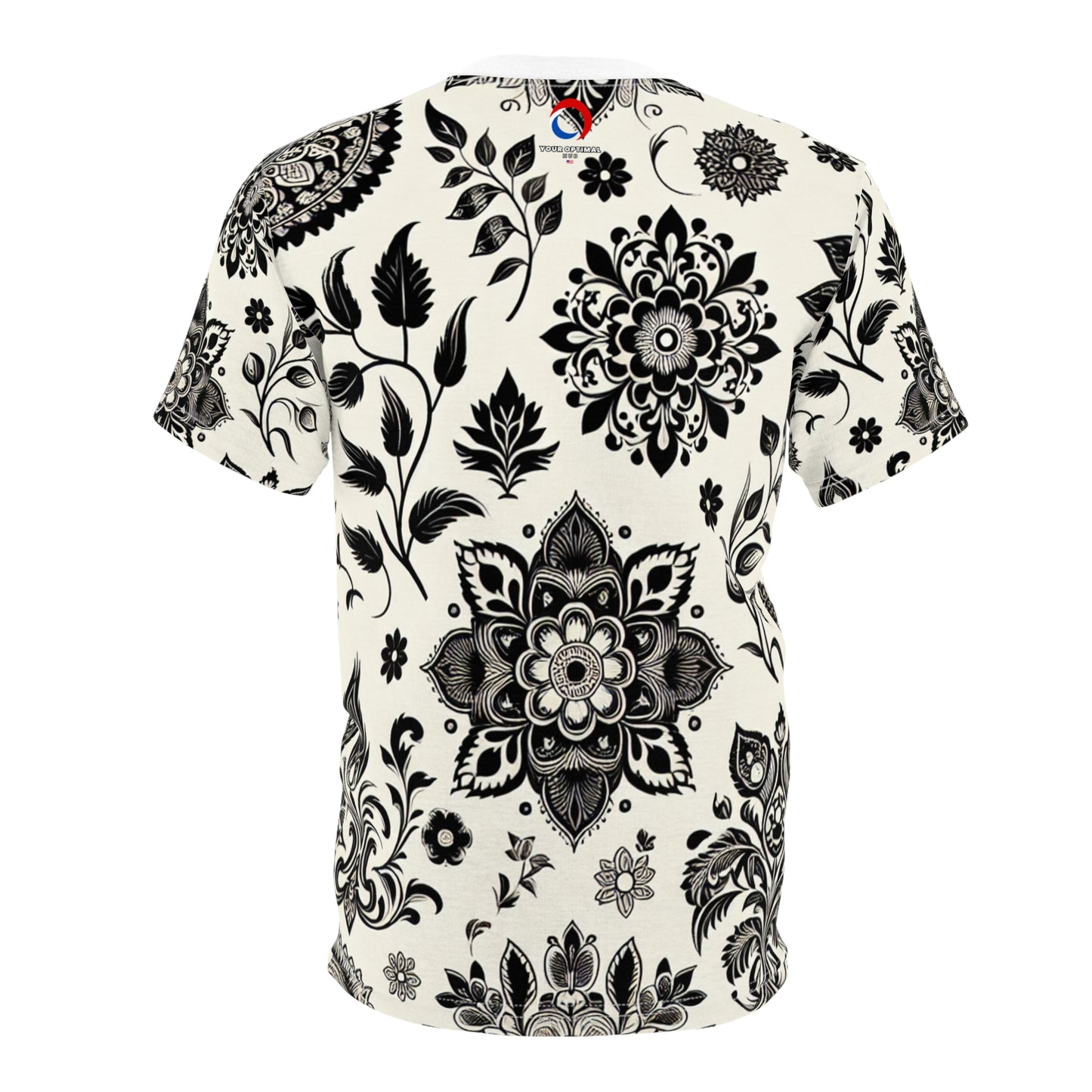 Classic Indian Motifs Designer Tee - Black on White Intricate Floral Geometric Pattern - Inspired by Traditional Indian Heritage with Modern Minimal Aesthetic